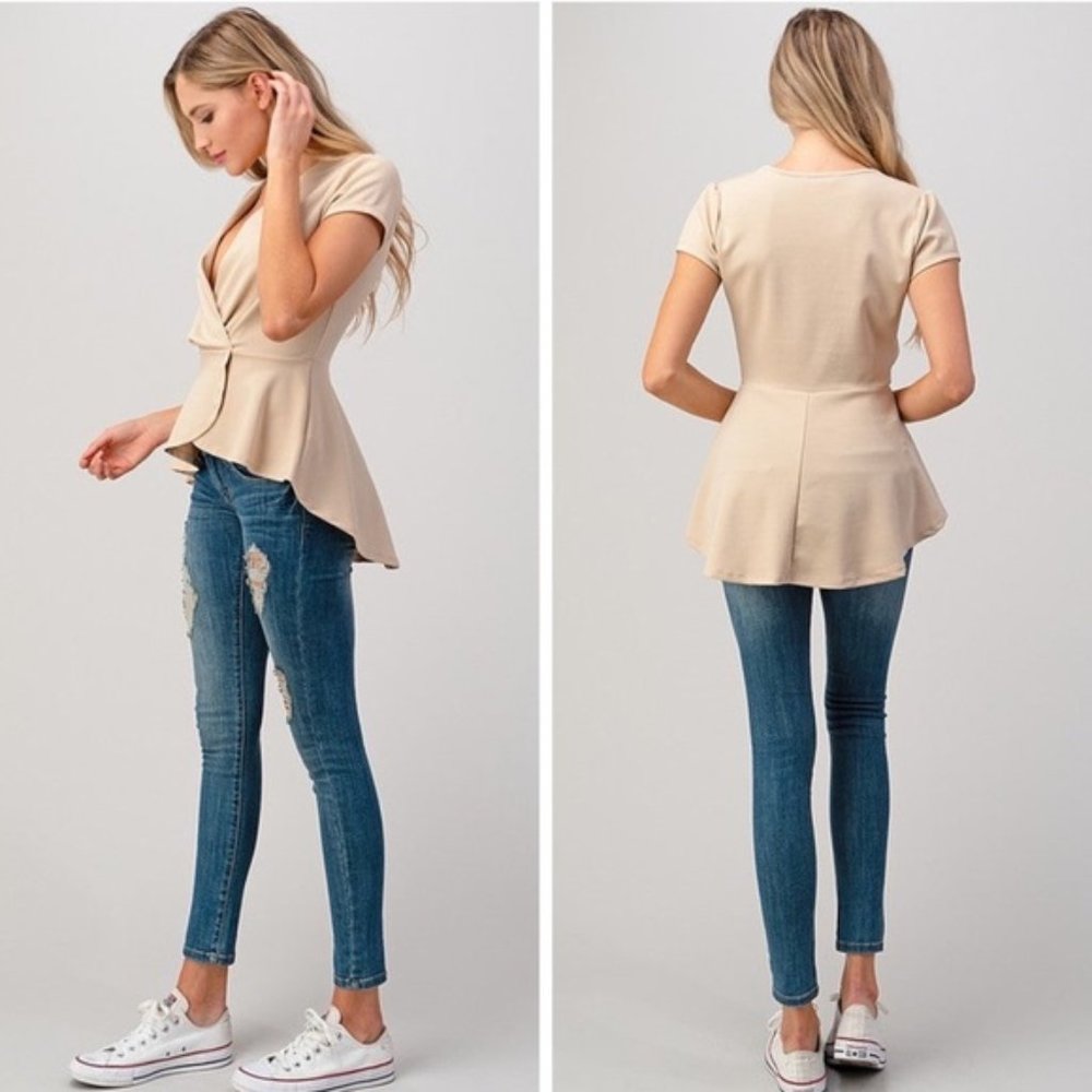 Beige Short Sleeve Blouse - Picture 4 of 4